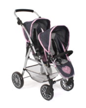 Carrozzina Passeggino Bambole Tandem Blu Cuore Rosa